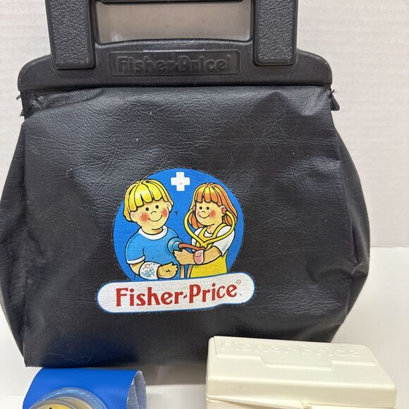 Vintage 1987 Fisher Price Medical Kit Doctor Set Black Bag Cast Blood Pressure - Picture 3 of 8